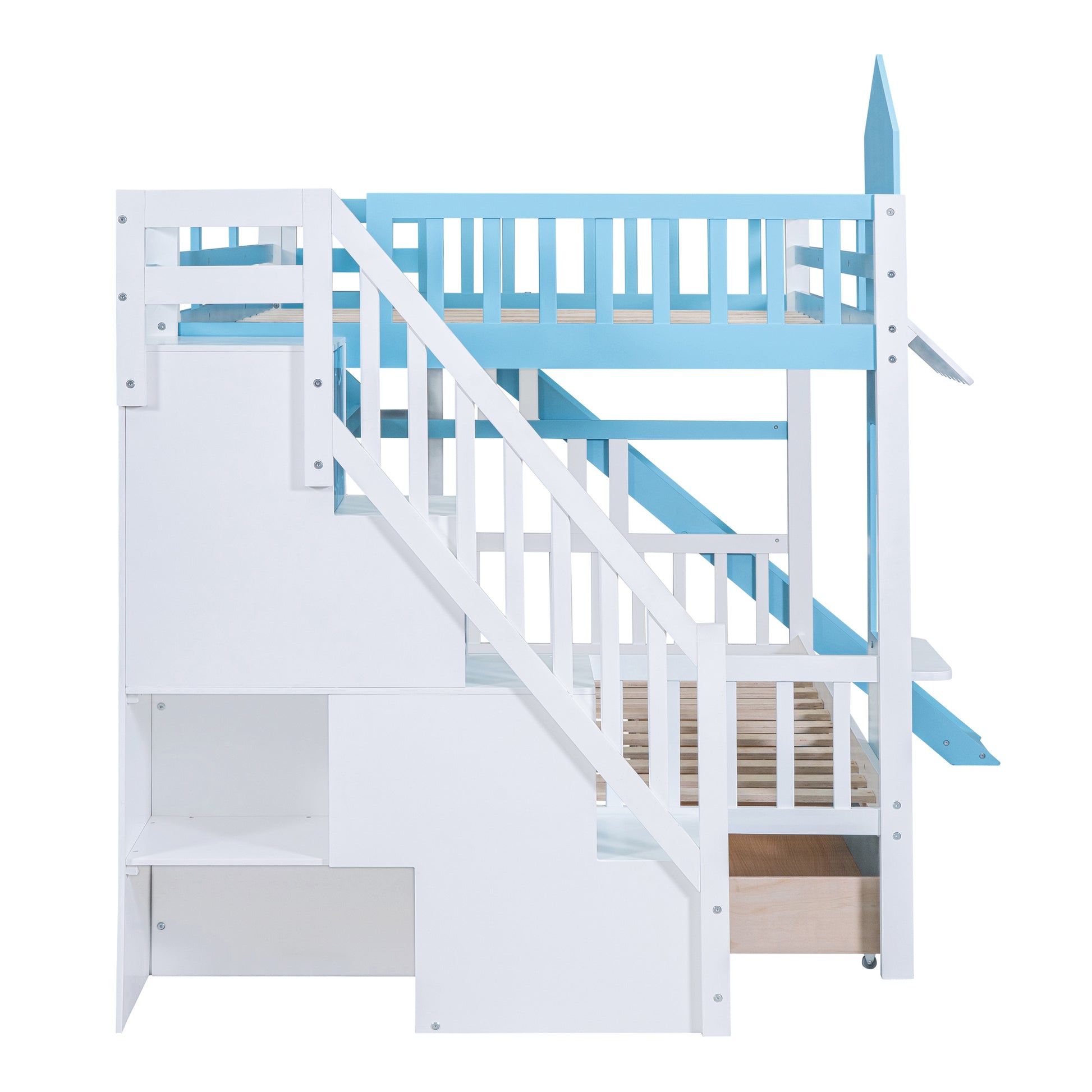 Full Over Full Castle Style Bunk Bed With 2 Drawers 3 Shelves And Slide Blue Blue Solid Wood