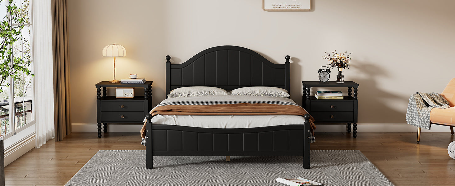 Traditional Concise Style Black Solid Wood Platform Bed, No Need Box Spring, Queen Black Wood