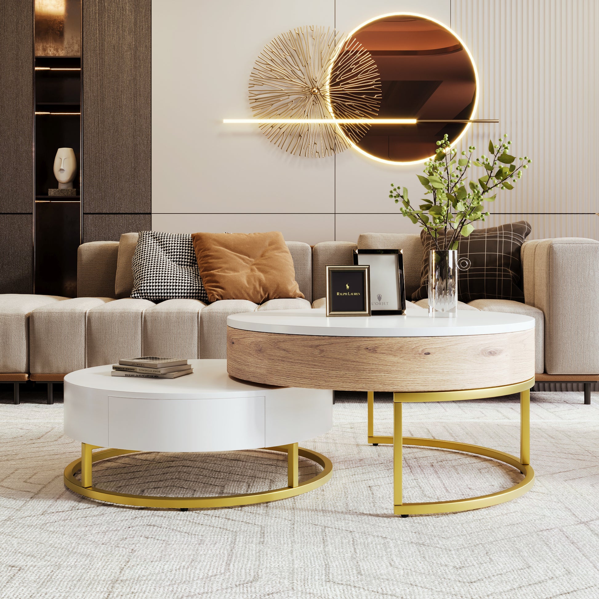 Modern Round Lift Top Nesting Coffee Tables With 2 Drawers White & Natural Oak Natural Wood Antique White Mdf