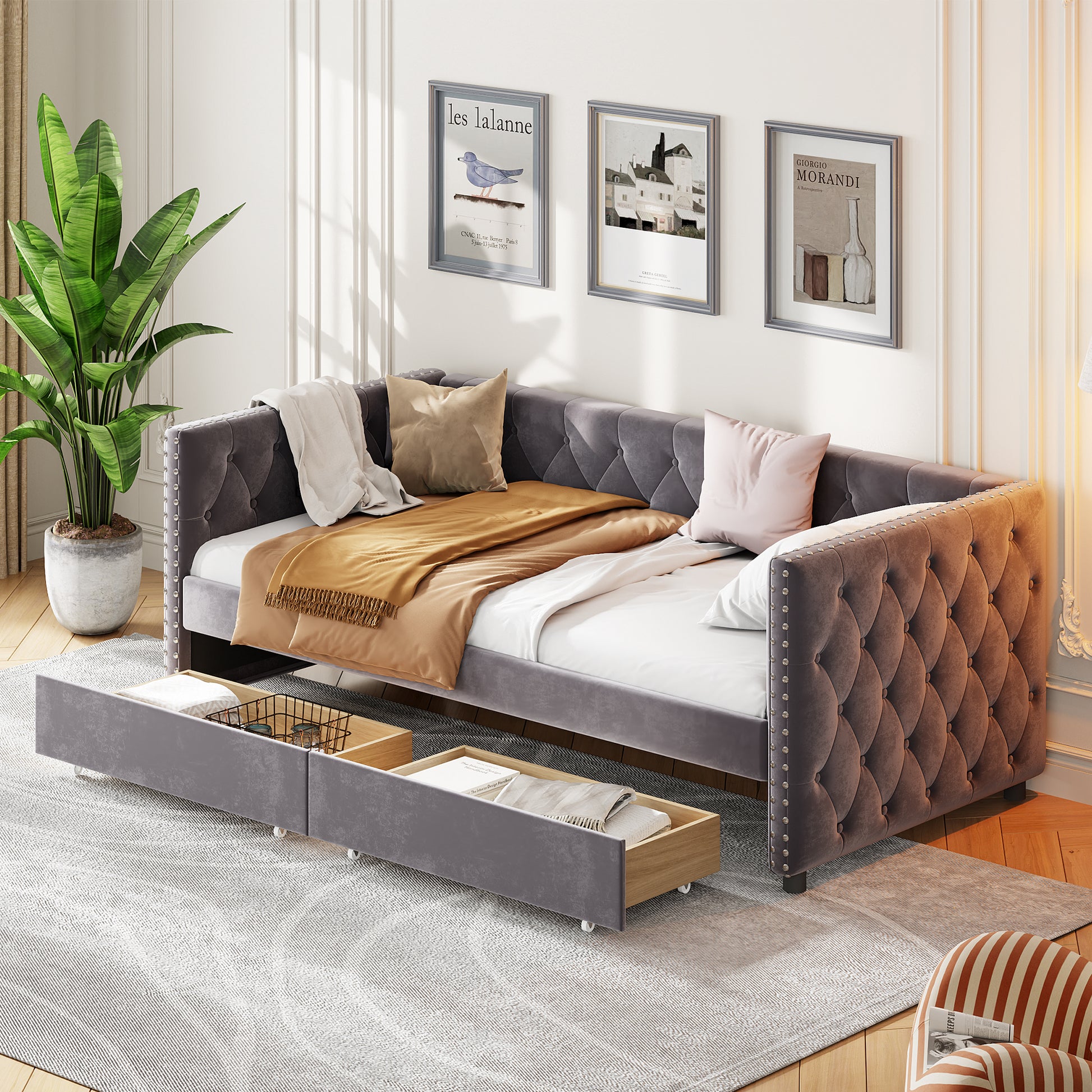 Sofa Bed With Drawers, Modern Velvet Upholstered Sofa Bed With Button Tufted Sofa Bed Frame With Double Drawers, Bedroom Living Room Furniture, Grey 83.47''X42.91''X30.71''' Box Spring Required Twin Gray Wood Bedroom American Traditional Eucalyptus Bed