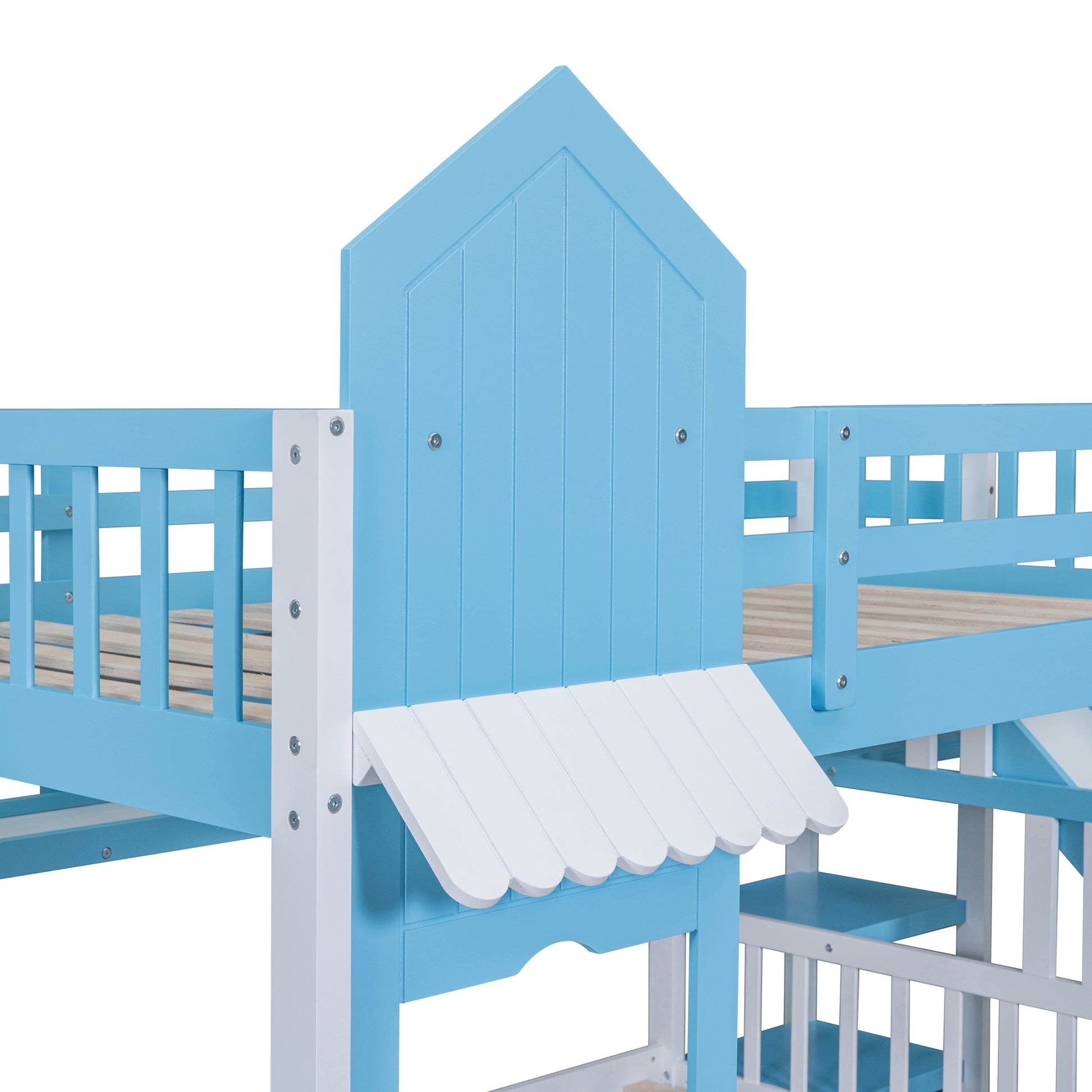 Full Over Full Castle Style Bunk Bed With 2 Drawers 3 Shelves And Slide Blue Blue Solid Wood