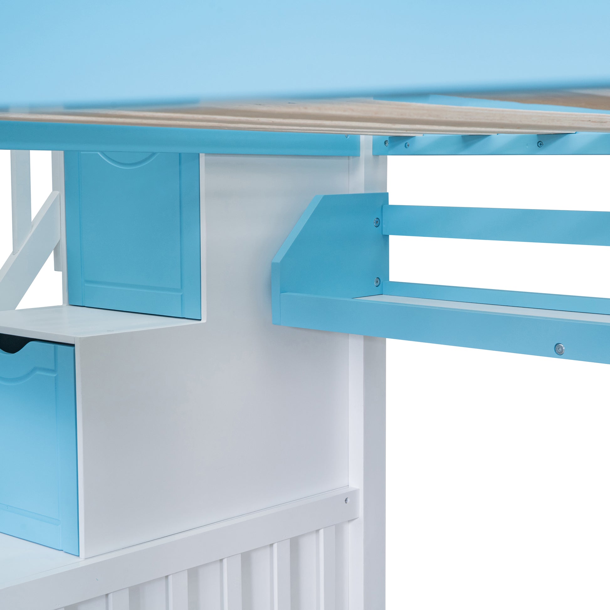 Full Over Full Castle Style Bunk Bed With 2 Drawers 3 Shelves And Slide Blue Blue Solid Wood