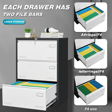 3 Drawer Metal Lateral File Cabinet With Lock,Office Vertical Files Cabinet For Home Office Legal Letter A4,Locking Metal File Cabinet,Assembly Required Filing Cabinets 3 4 Drawers Black White Office Drawers Included Metal