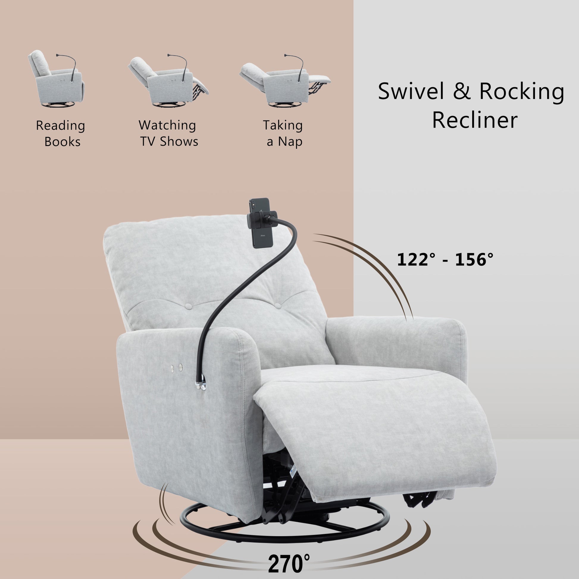 270 Degree Swivel Electric Recliner Home Theater Seating Single Reclining Sofa Rocking Motion Recliner With A Phone Holder For Living Room, Grey Grey Foam Polyester