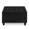 Large Square Storage Ottoman With Wooden Legs, Upholstered Button Tufted Coffee Table With Nail Trims For Living Space, Black Espresso Wood Primary Living Space Black Solid Rubberwood Wood With Storage Black Pu Faux Leather Faux Leather Backless Medium