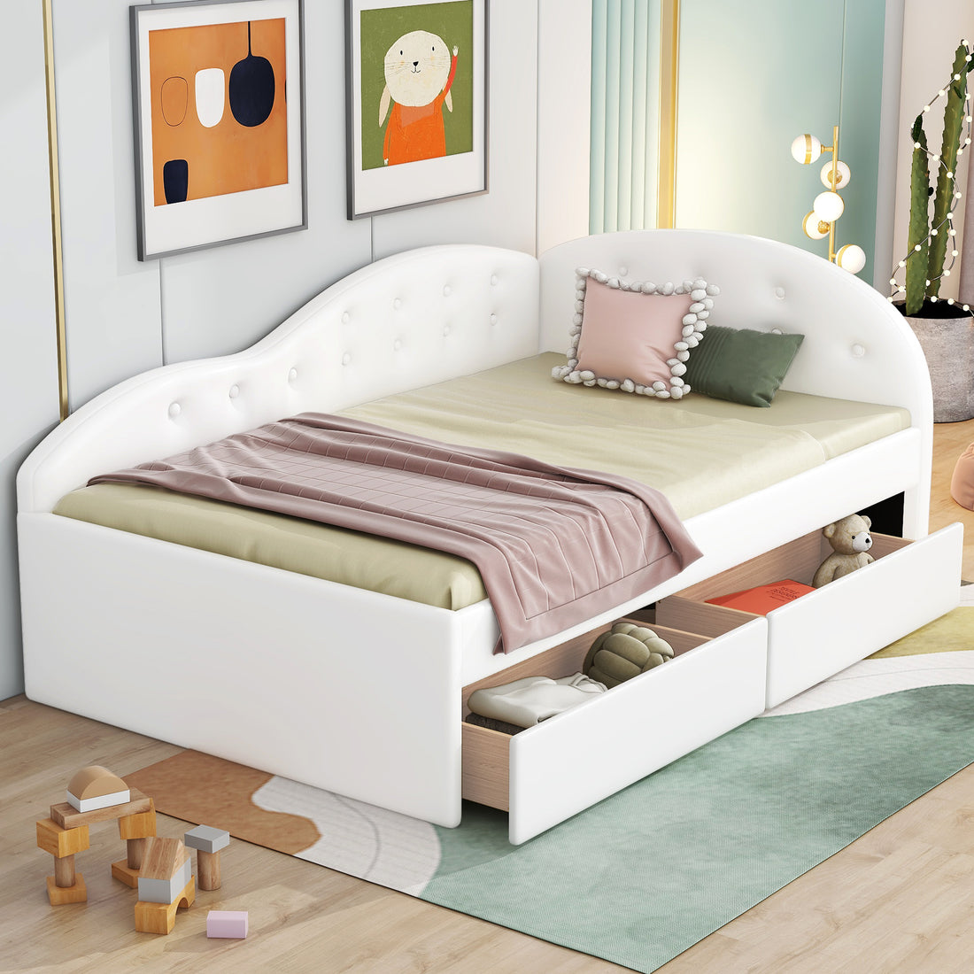 Twin Size Pu Upholstered Tufted Daybed With Two Drawers And Cloud Shaped Guardrail, White Box Spring Not Required Twin White Wood Daybeds Faux Leather Upholstered