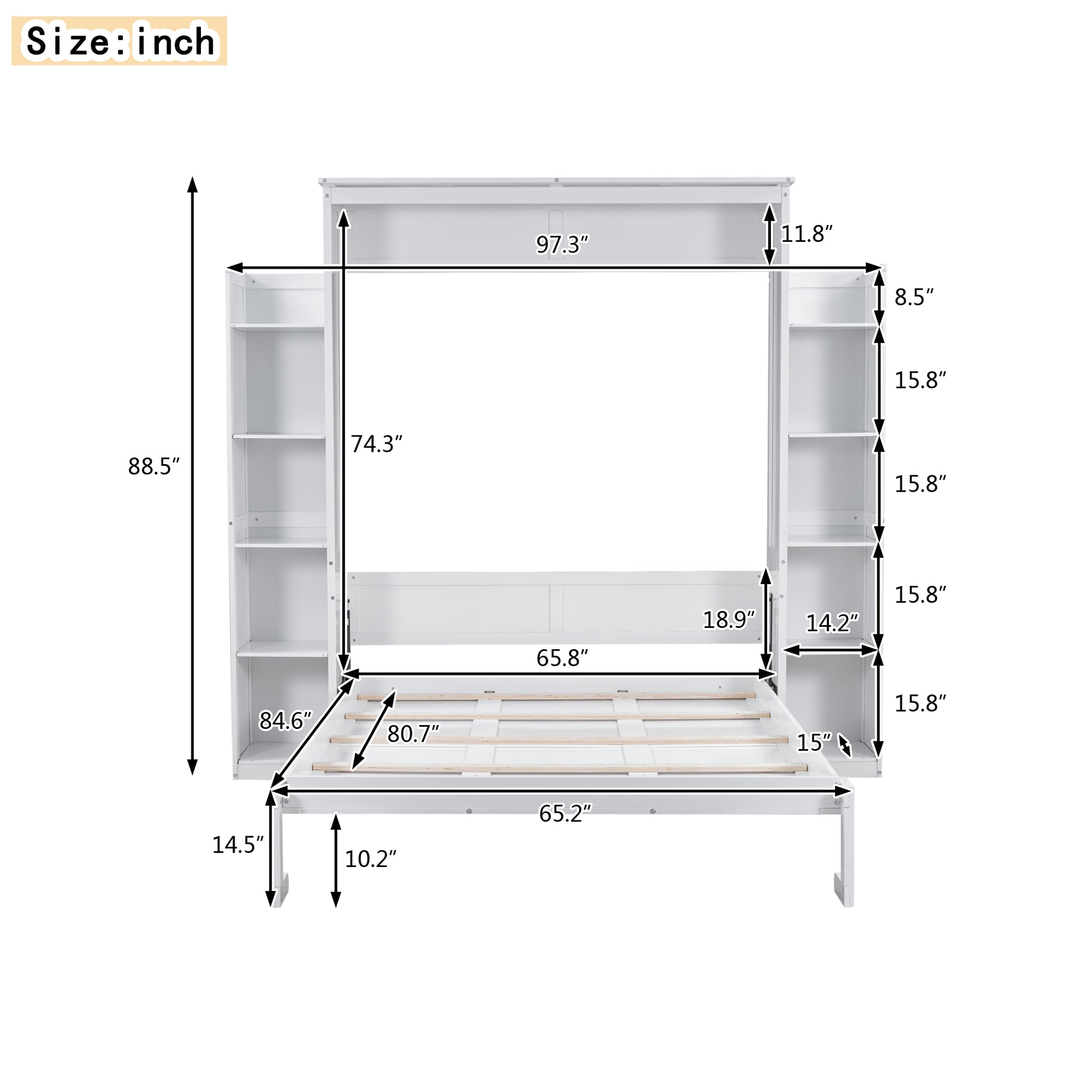Queen Size Murphy Bed Wall Bed With Shelves And Led Lights,White White Solid Wood Mdf