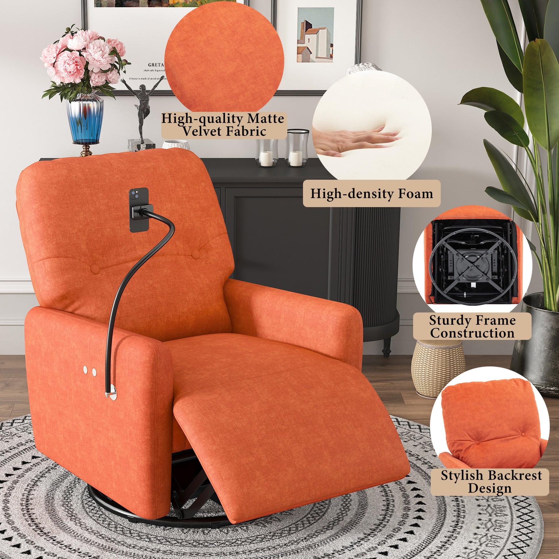 270 Degree Swivel Electric Recliner Home Theater Seating Single Reclining Sofa Rocking Motion Recliner With A Phone Holder For Living Room, Orange Orange Foam Polyester