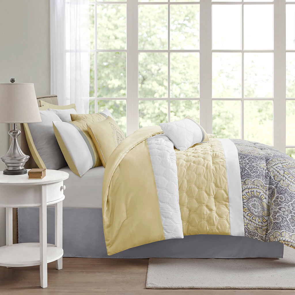 8 Piece Comforter Set Yellow Polyester