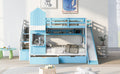 Full Over Full Castle Style Bunk Bed With 2 Drawers 3 Shelves And Slide Blue Blue Solid Wood