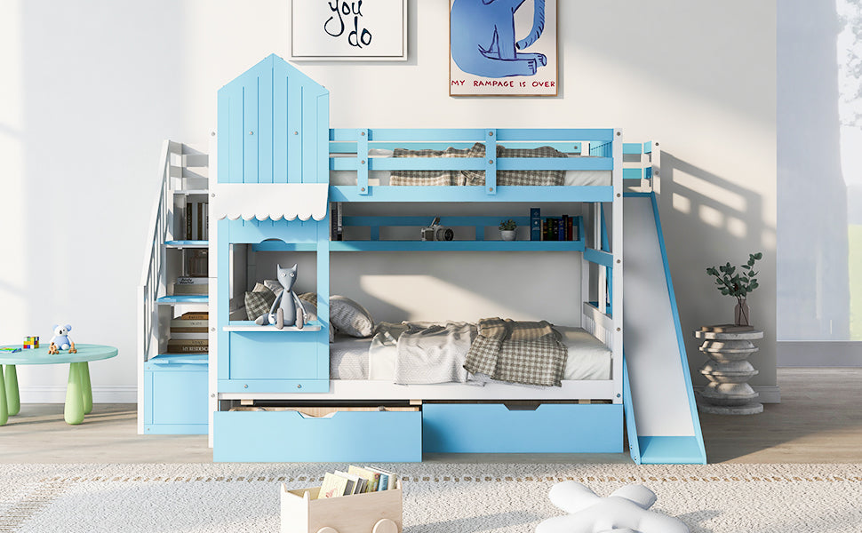 Full Over Full Castle Style Bunk Bed With 2 Drawers 3 Shelves And Slide Blue Blue Solid Wood