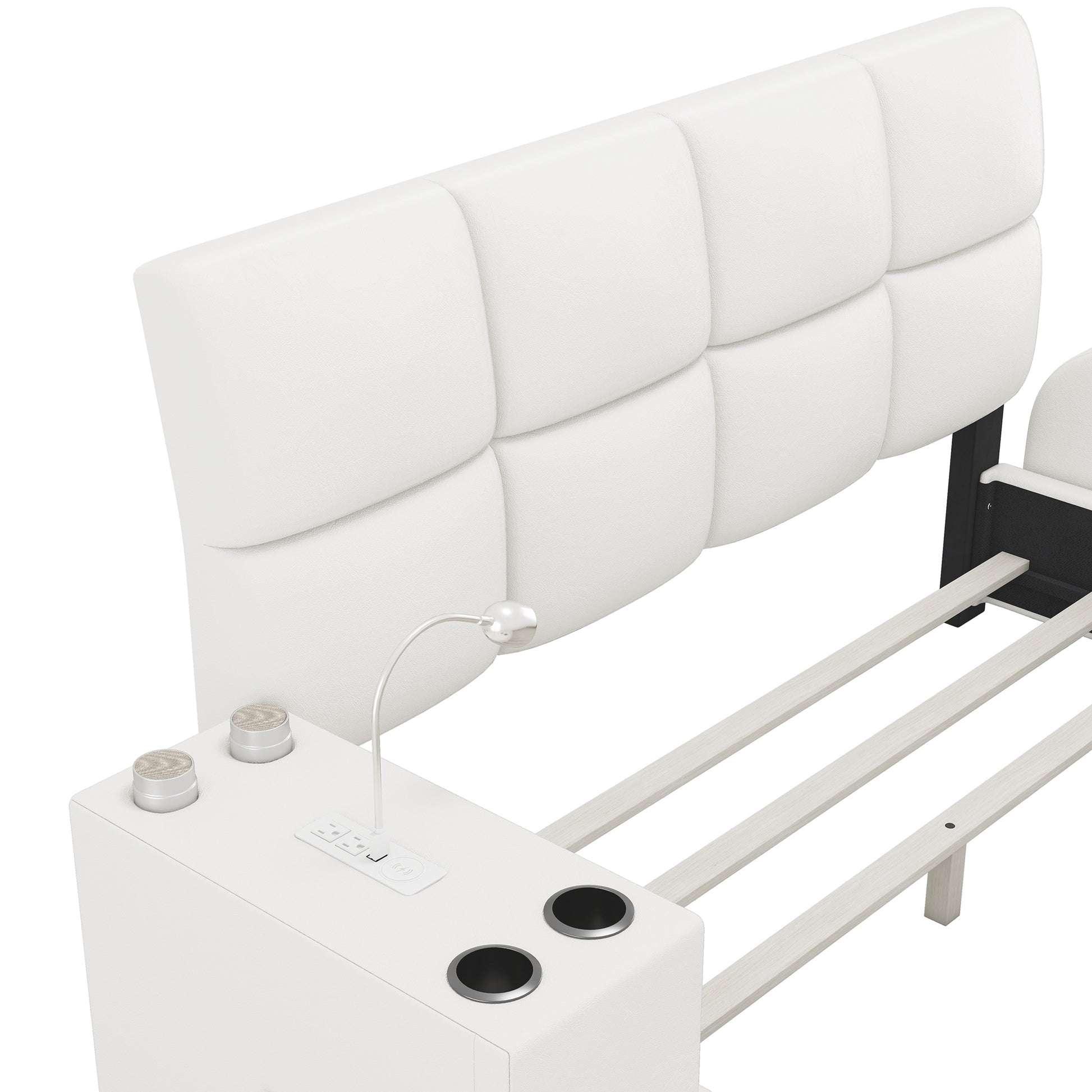 Queen Size Upholstered Platform Bed With Multimedia Nightstand And Storage Shelves, White Box Spring Not Required Queen White Wood Bedroom Bed Frame Faux Leather Upholstered