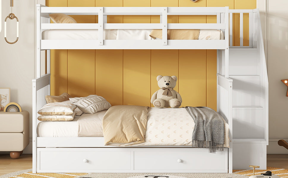 Twin Over Full Bunk Bed With Twin Size Trundle, Storage And Guard Rail For Bedroom, Dorm, For Adults, White Old Sku :Lt000119Aak Twin White Solid Wood