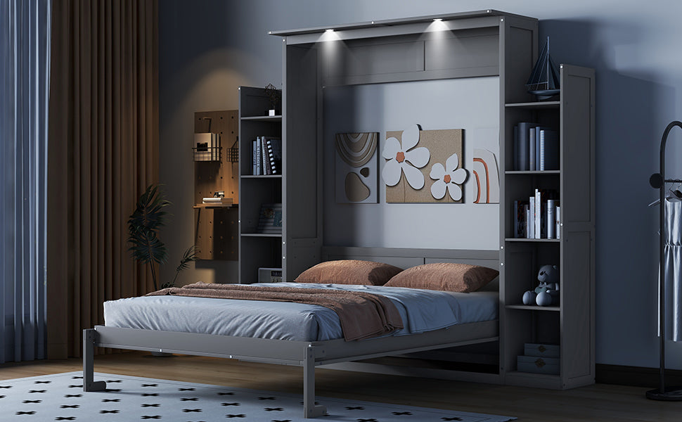 Queen Size Murphy Bed Wall Bed With Shelves And Led Lights,Gray Gray Solid Wood Mdf