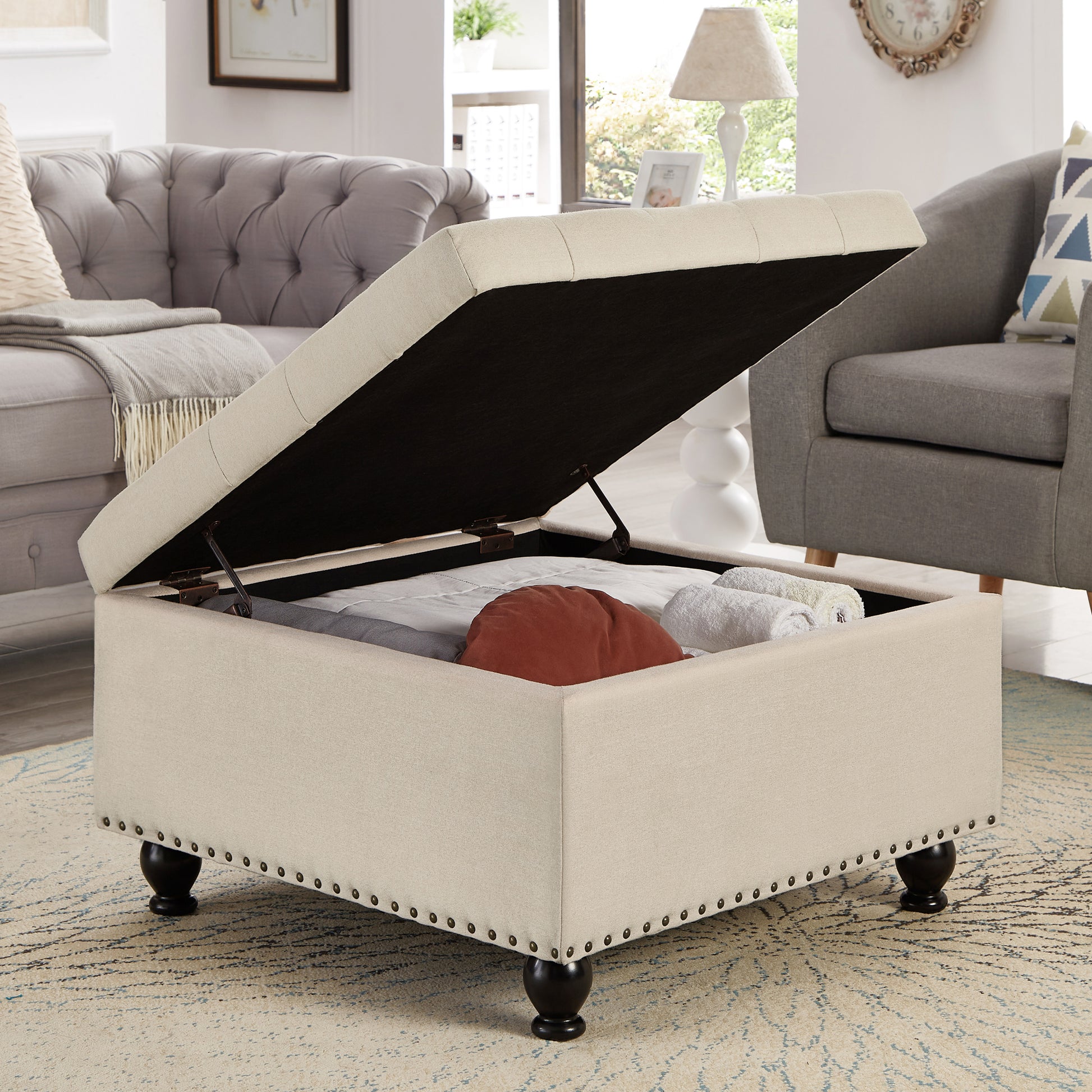 Large Square Storage Ottoman With Wooden Legs, Upholstered Button Tufted Coffee Table With Nail Trims For Living Space,Beige Espresso Wood Primary Living Space Black Solid Rubberwood Wood With Storage Beige Linen Linen Or Linen Blend Backless Medium Soft