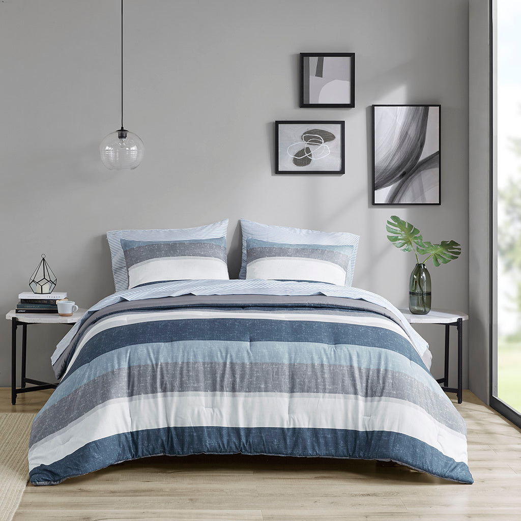 Comforter Set With Bed Sheets Blue Grey Polyester