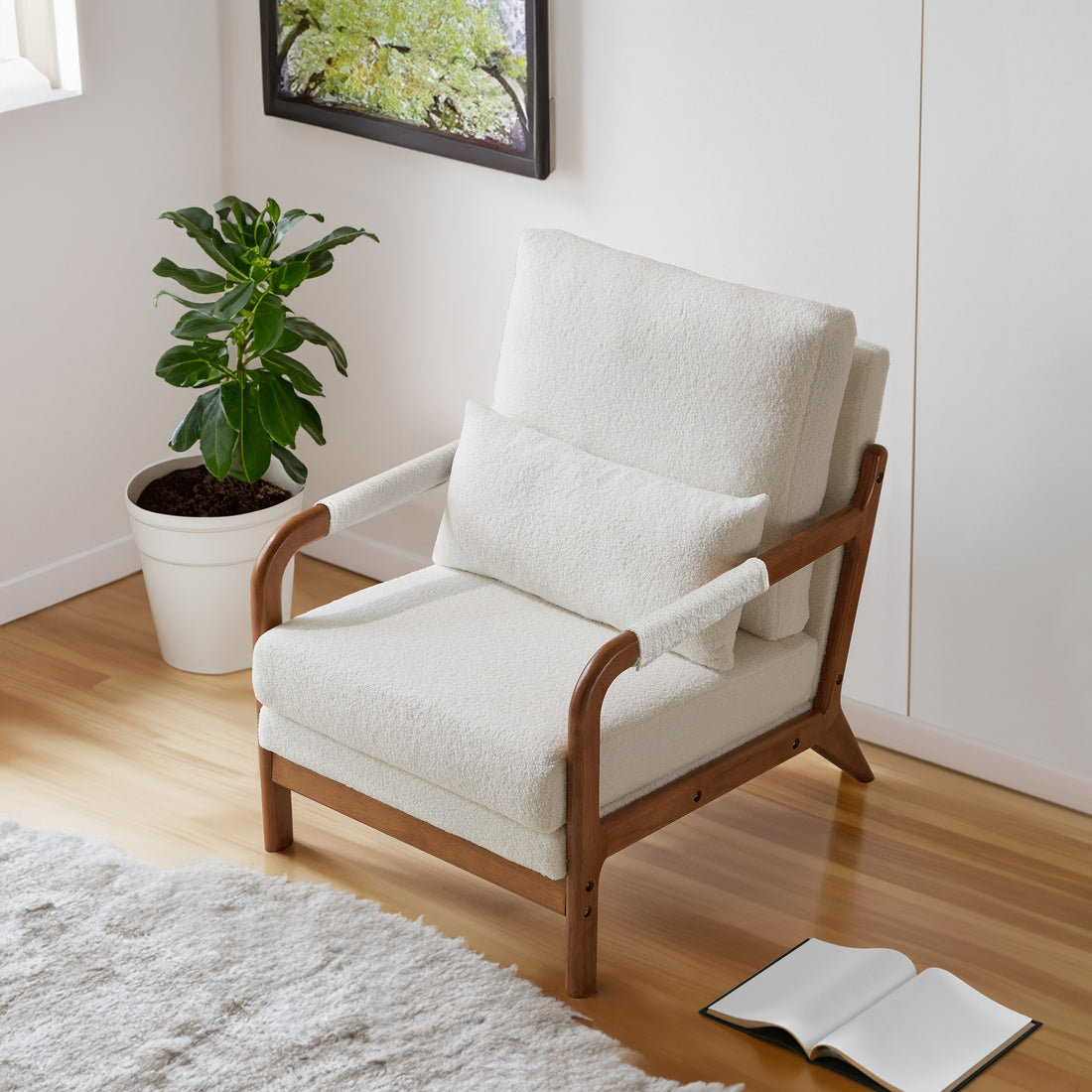 Modern Teddy Fabric Accent Chair,Oak Wood Frame Armchair For Living Room White Teddy