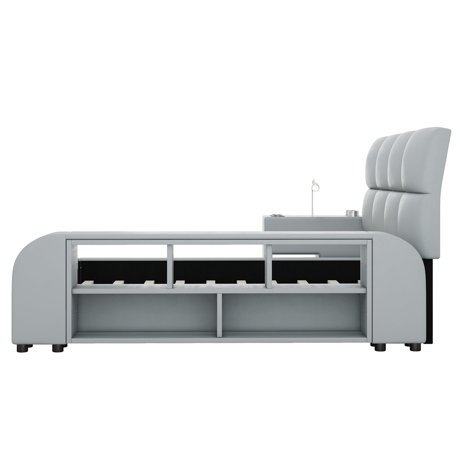 Queen Size Upholstered Platform Bed With Multimedia Nightstand And Storage Shelves, Gray Box Spring Not Required Queen Gray Wood Bedroom Bed Frame Faux Leather Upholstered