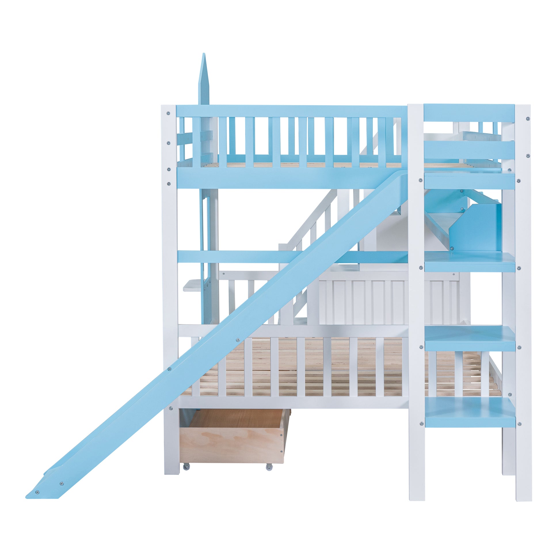 Full Over Full Castle Style Bunk Bed With 2 Drawers 3 Shelves And Slide Blue Blue Solid Wood