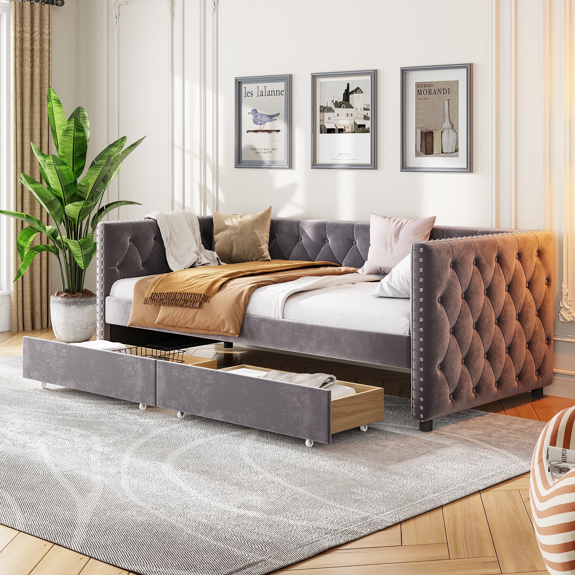 Sofa Bed With Drawers, Modern Velvet Upholstered Sofa Bed With Button Tufted Sofa Bed Frame With Double Drawers, Bedroom Living Room Furniture, Grey 83.47''X42.91''X30.71''' Box Spring Required Twin Gray Wood Bedroom American Traditional Eucalyptus Bed