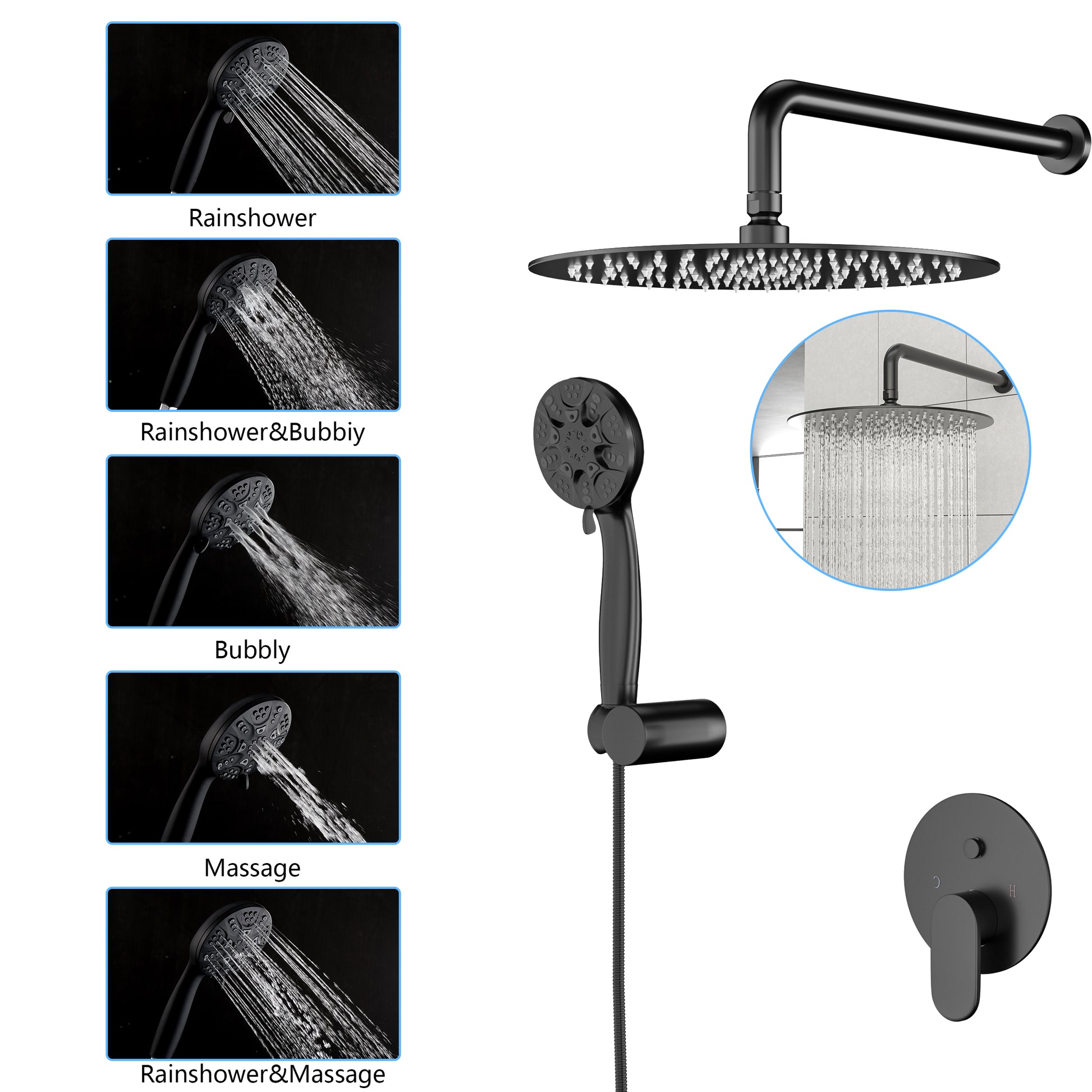 10" Rain Shower Head Systems, Dual Shower Heads, Matte Black,Wall Mounted Shower Matte Black Stainless Steel