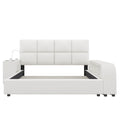Queen Size Upholstered Platform Bed With Multimedia Nightstand And Storage Shelves, White Box Spring Not Required Queen White Wood Bedroom Bed Frame Faux Leather Upholstered