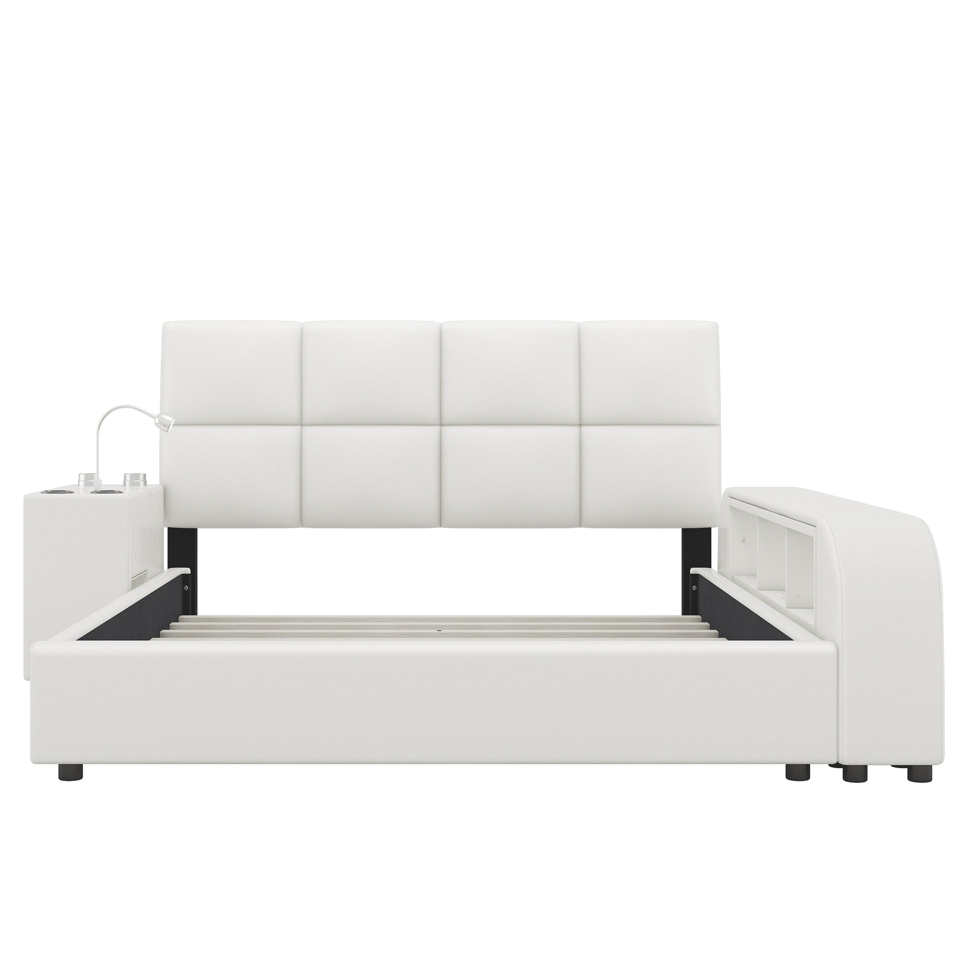 Queen Size Upholstered Platform Bed With Multimedia Nightstand And Storage Shelves, White Box Spring Not Required Queen White Wood Bedroom Bed Frame Faux Leather Upholstered