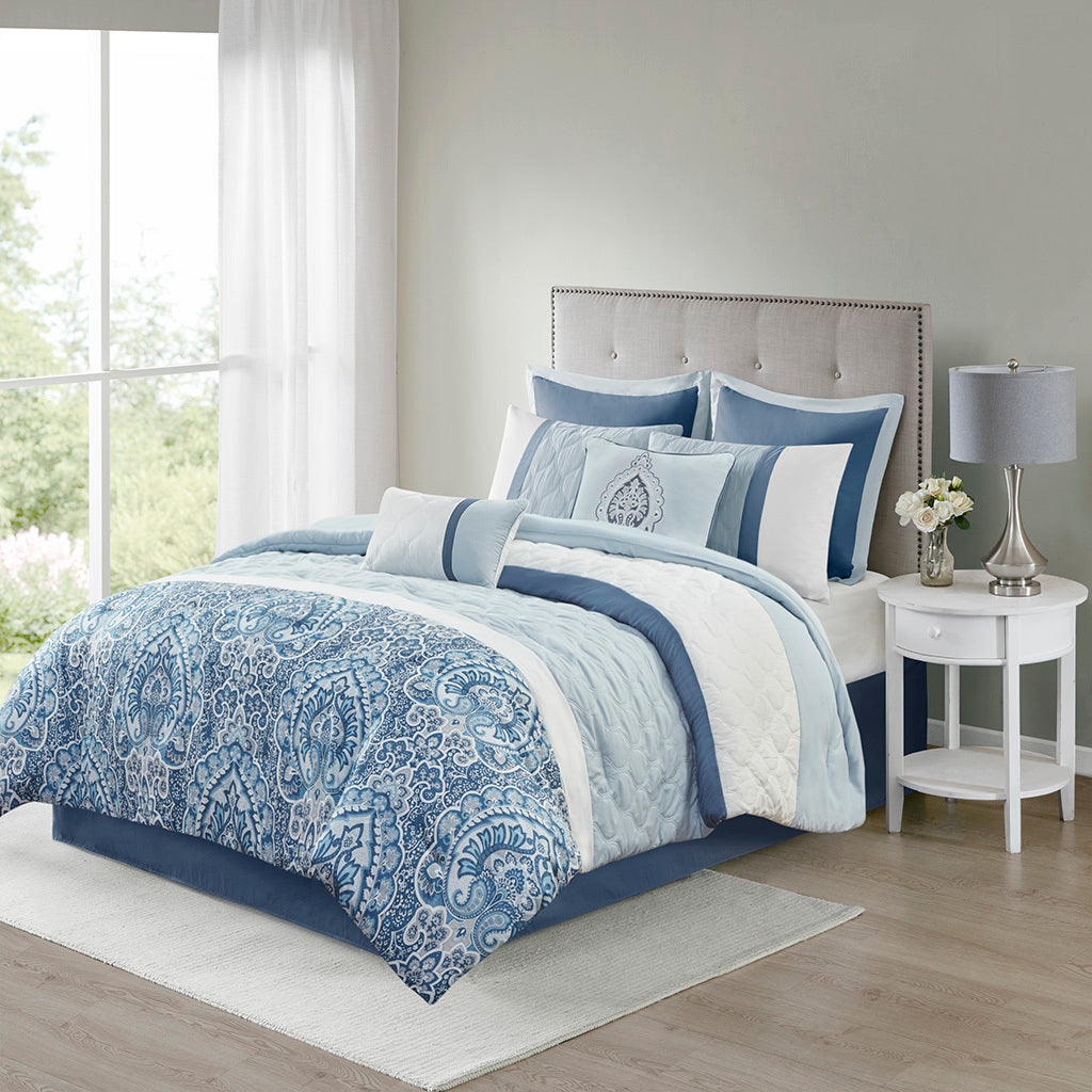 8 Piece Comforter Set Blue Polyester