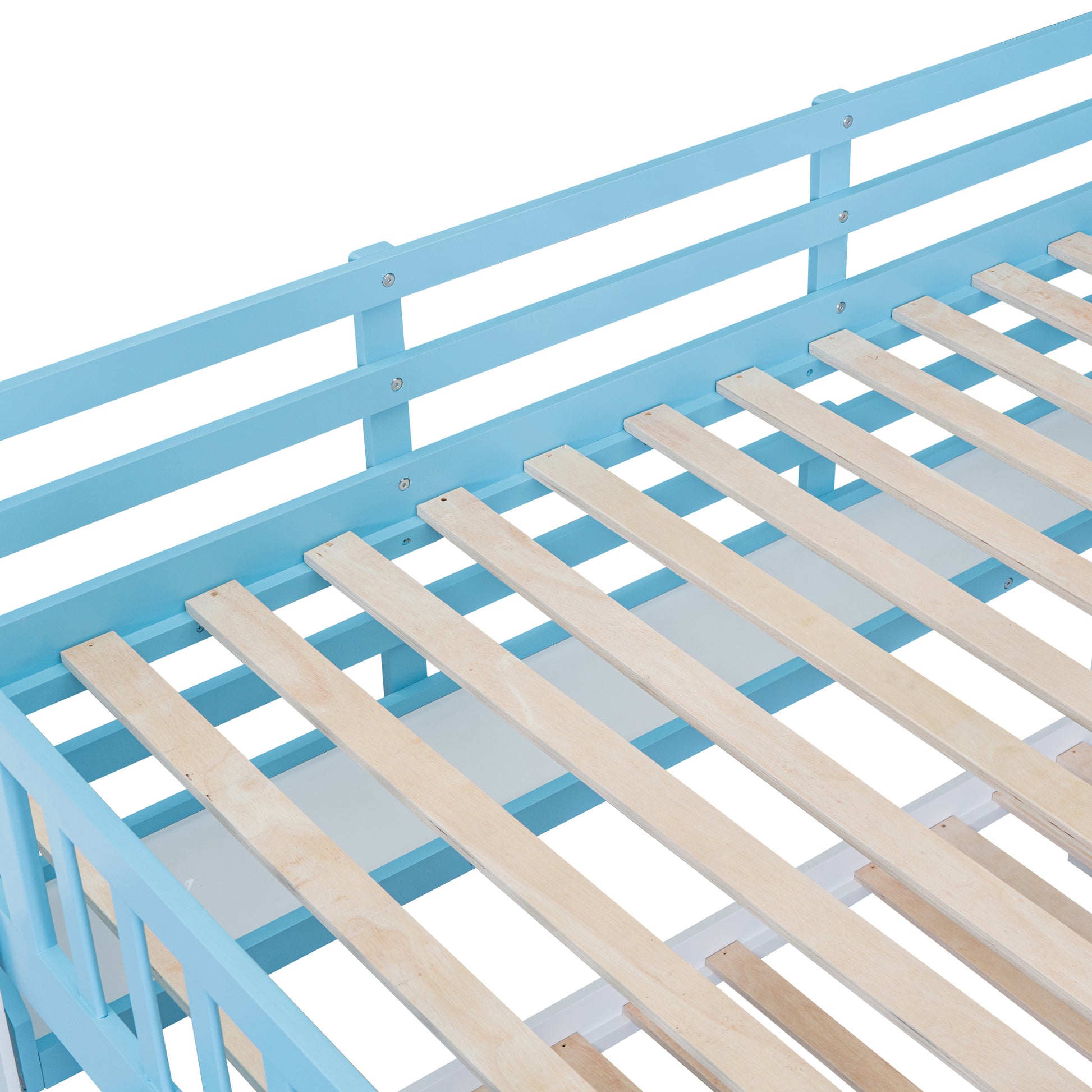 Full Over Full Castle Style Bunk Bed With 2 Drawers 3 Shelves And Slide Blue Blue Solid Wood