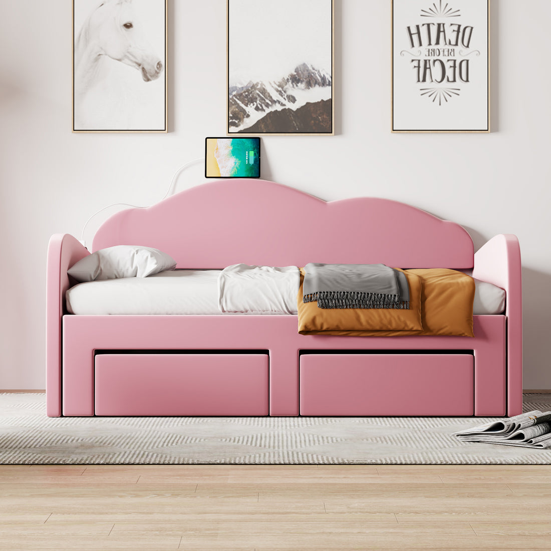 Twin Size Upholstered Daybed With Cloud Shaped Backrest, Trundle & 2 Drawers And Usb Ports, Pink Pink Velvet