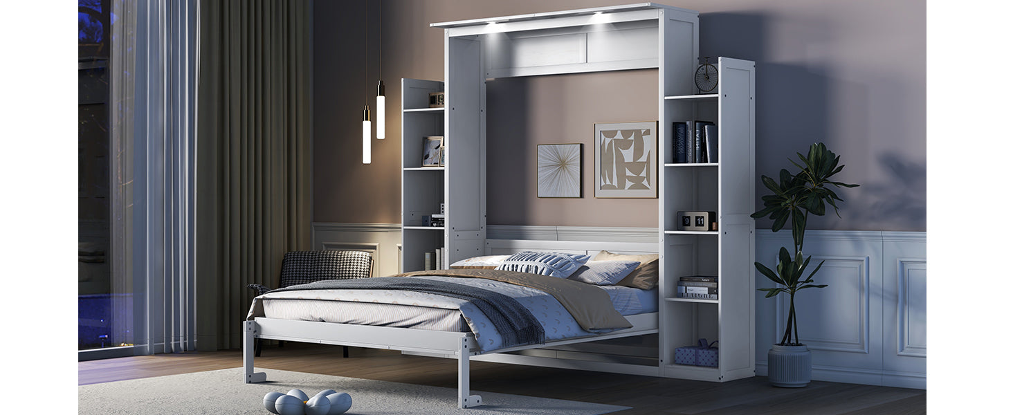 Queen Size Murphy Bed Wall Bed With Shelves And Led Lights,White White Solid Wood Mdf