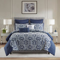 7 Piece Flocking Comforter Set With Euro Shams And Throw Pillows Navy Polyester