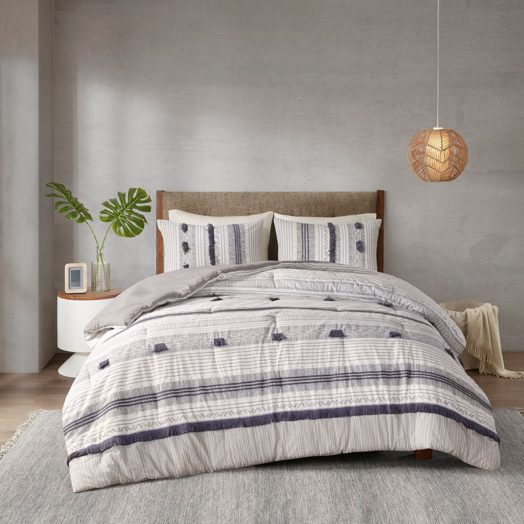 3 Piece Cotton Comforter Set Gray Navy Cotton