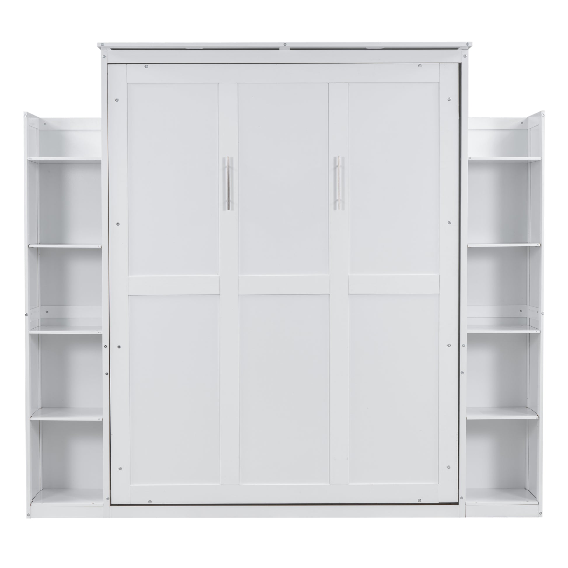 Queen Size Murphy Bed Wall Bed With Shelves And Led Lights,White White Solid Wood Mdf