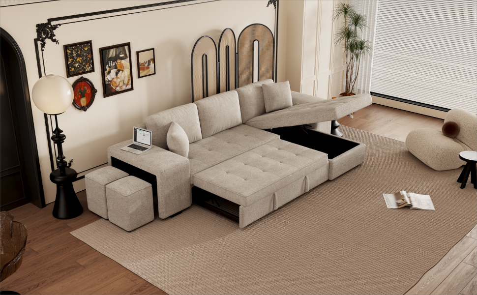 104.5" Modern L Shape 3 Seat Reversible Sectional Couch, Pull Out Sleeper Sofa With Storage Chaise And 2 Stools For Living Room Furniture Set, Cream Cream Foam Chenille 3 Seat