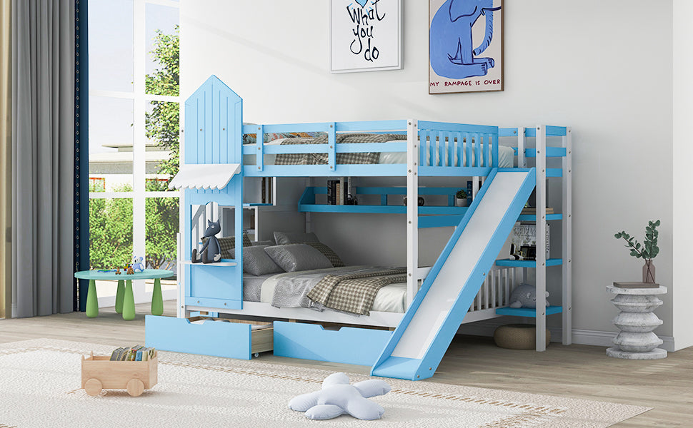 Full Over Full Castle Style Bunk Bed With 2 Drawers 3 Shelves And Slide Blue Blue Solid Wood