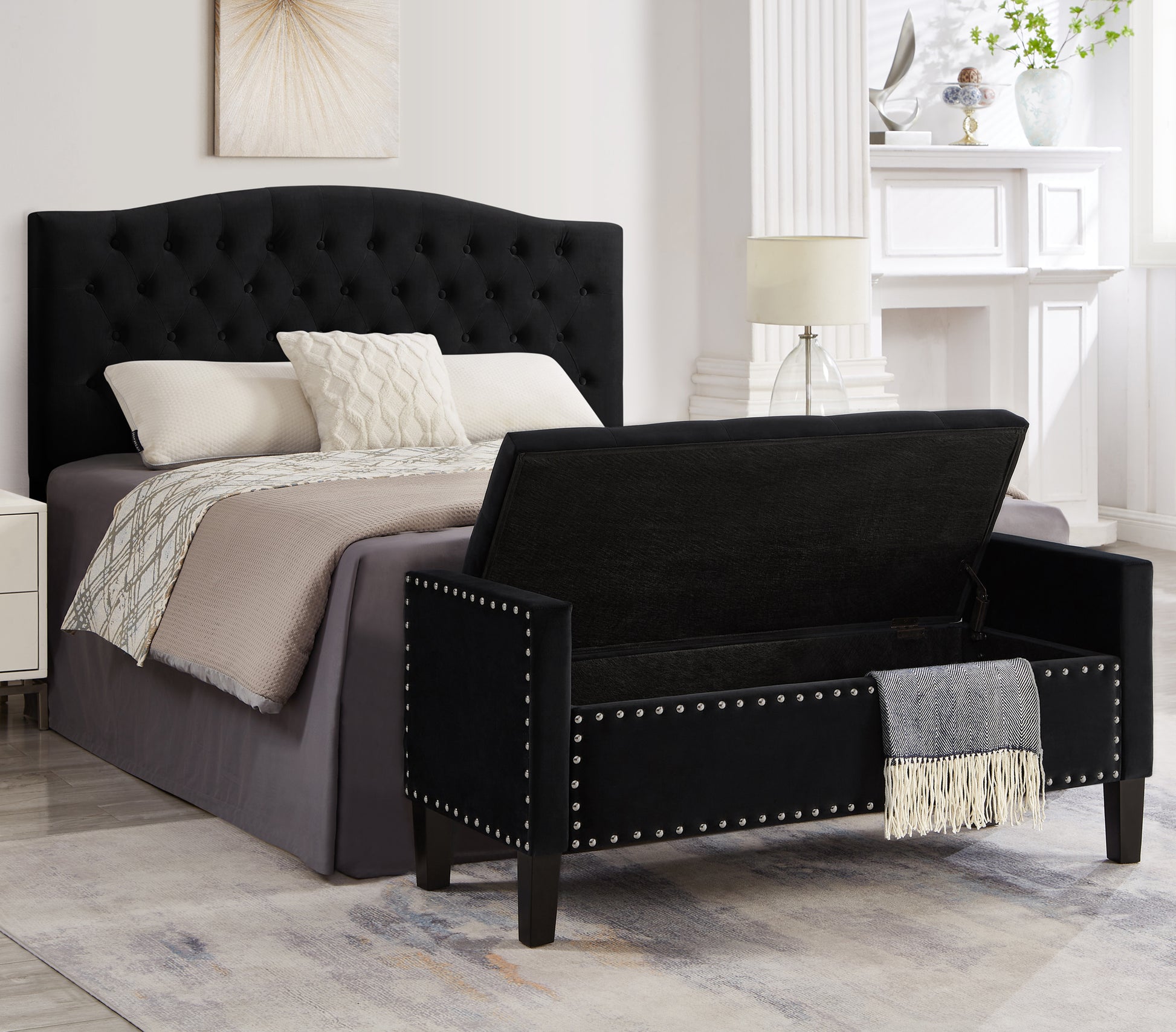 Upholstered Tufted Button Storage Bench With Nails Trim,Entryway Living Room Soft Padded Seat With Armrest,Bed Bench Black Nailheads Black Espresso Velvet Primary Living Space Black American Design Rubberwood Wood Internal Storage Foam Velvet