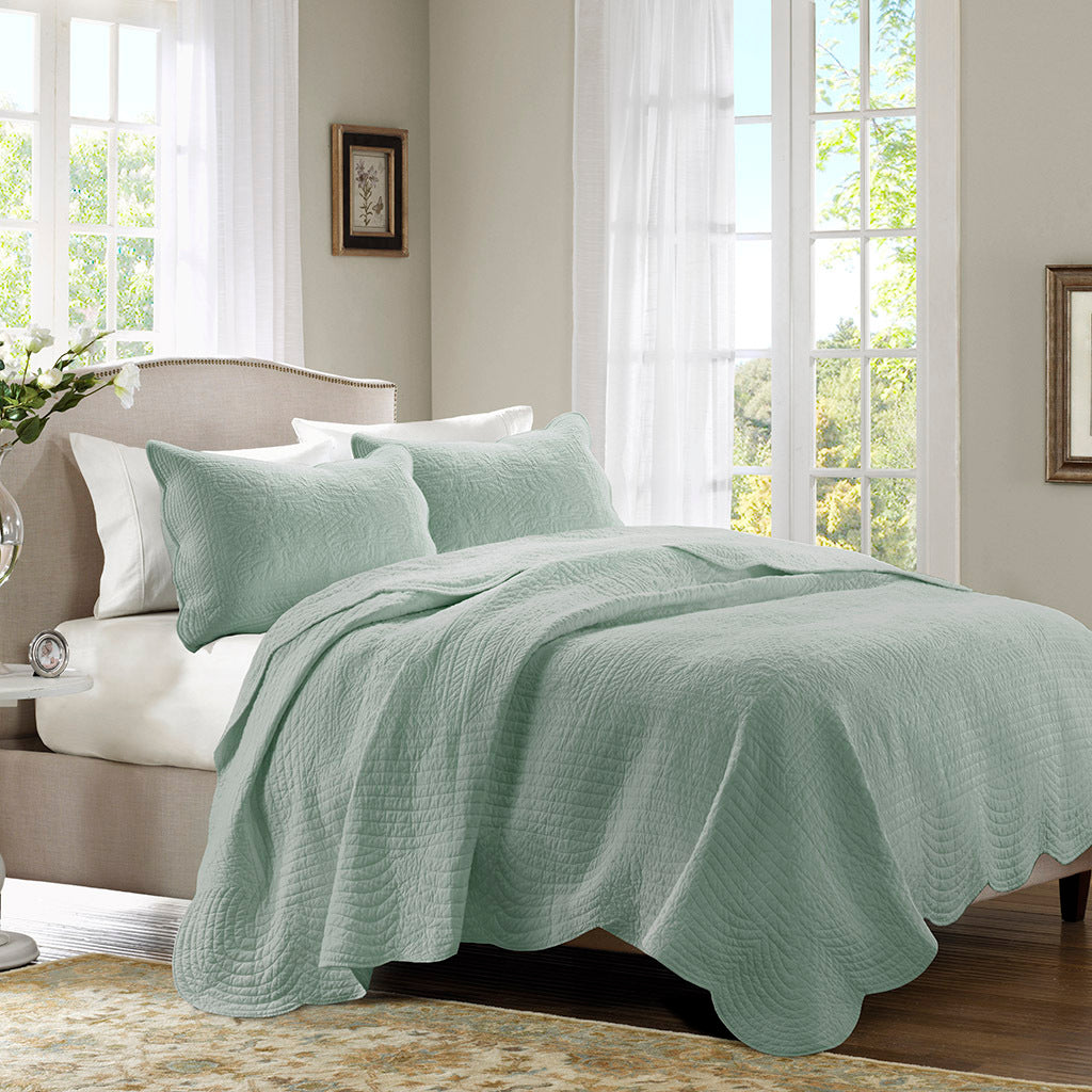 3 Piece Reversible Soped Edge Quilt Set Seafoam Microfiber