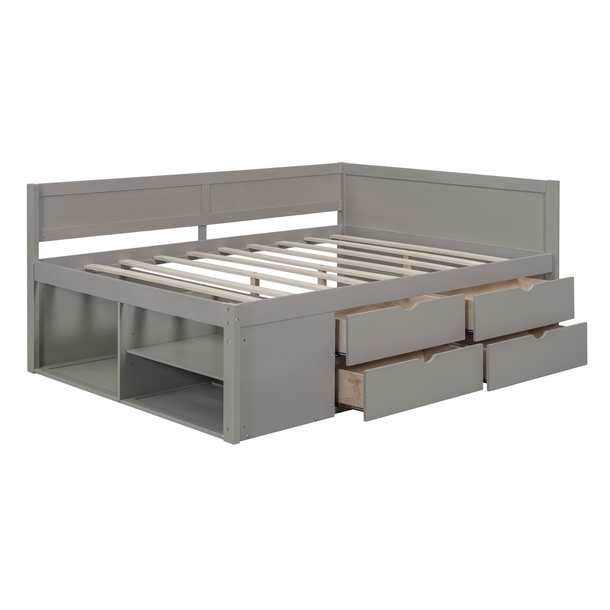 Full Size Daybed With Drawers And Shelves, Gray Full Gray Solid Wood