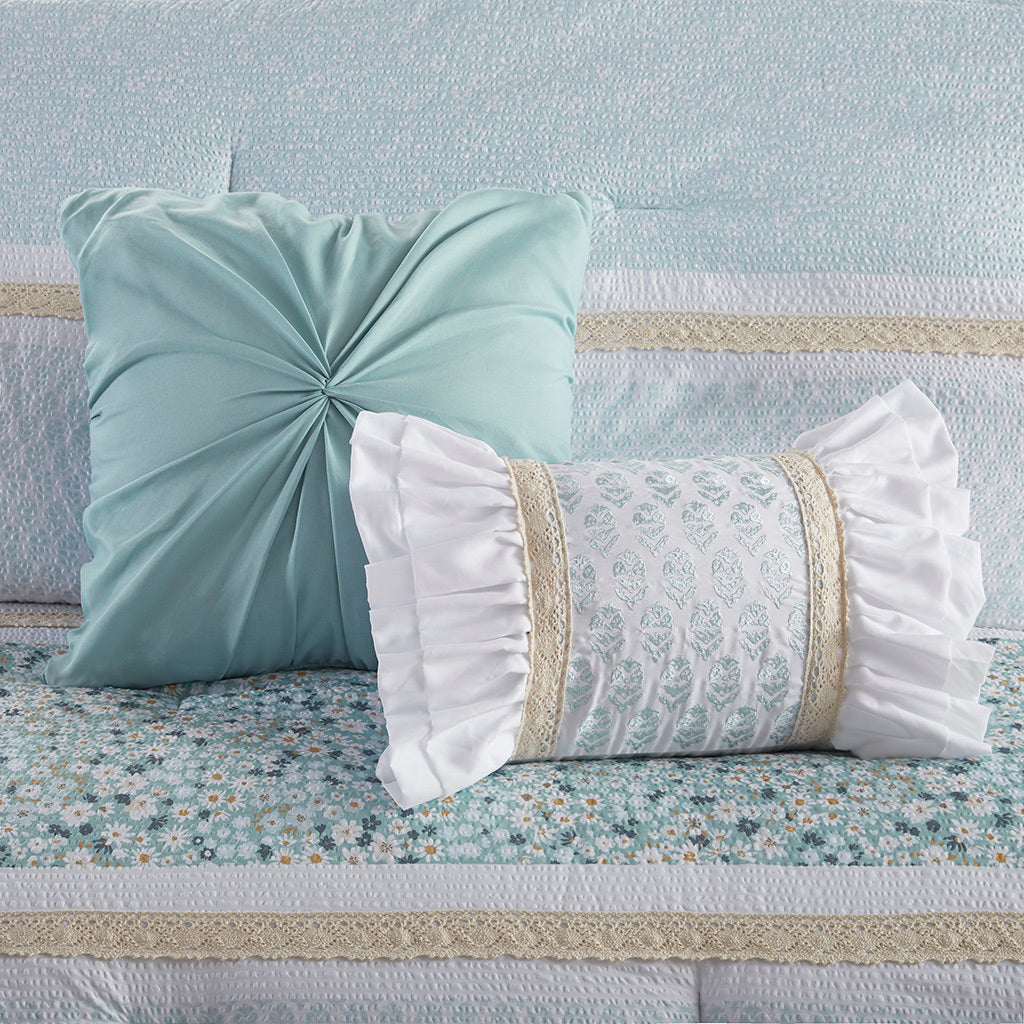 5 Piece Seersucker Comforter Set With Throw Pillows Aqua Polyester