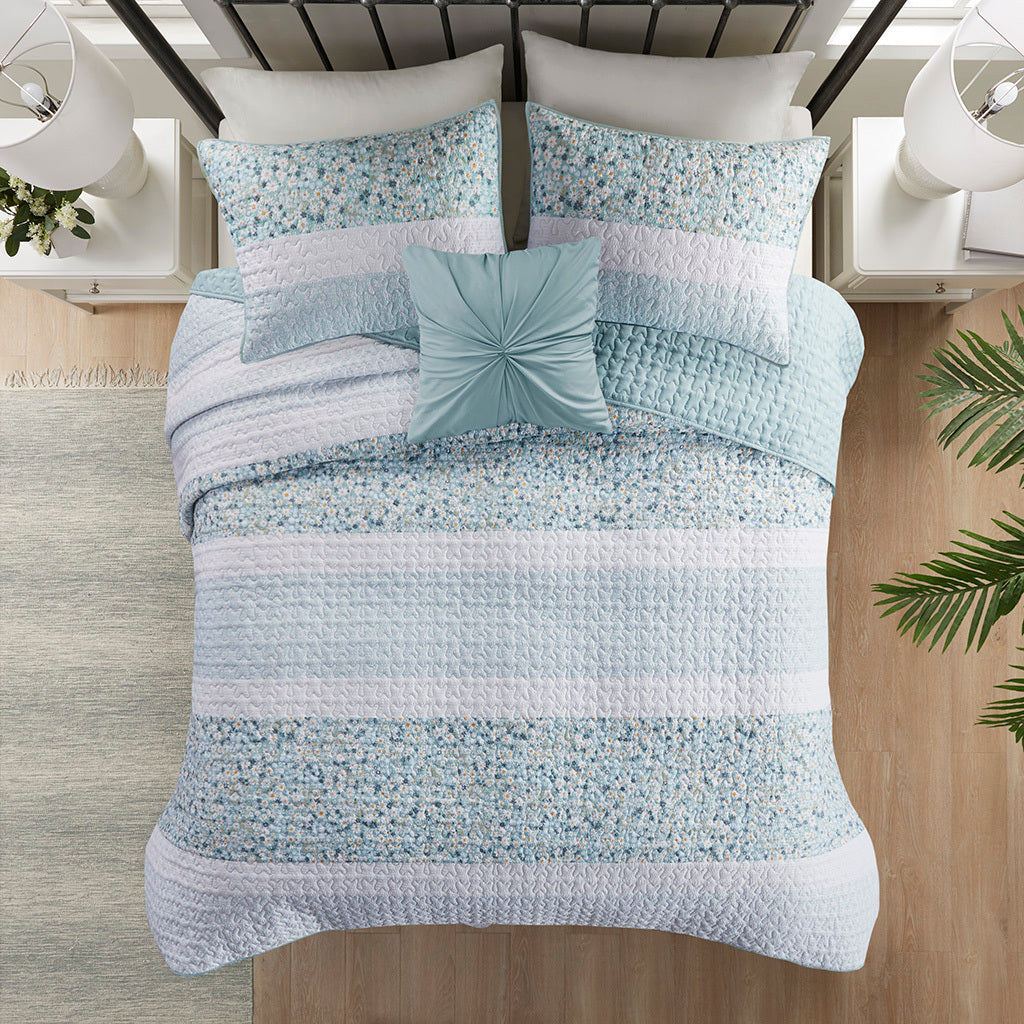 4 Piece Seersucker Quilt Set With Throw Pillow Aqua Polyester