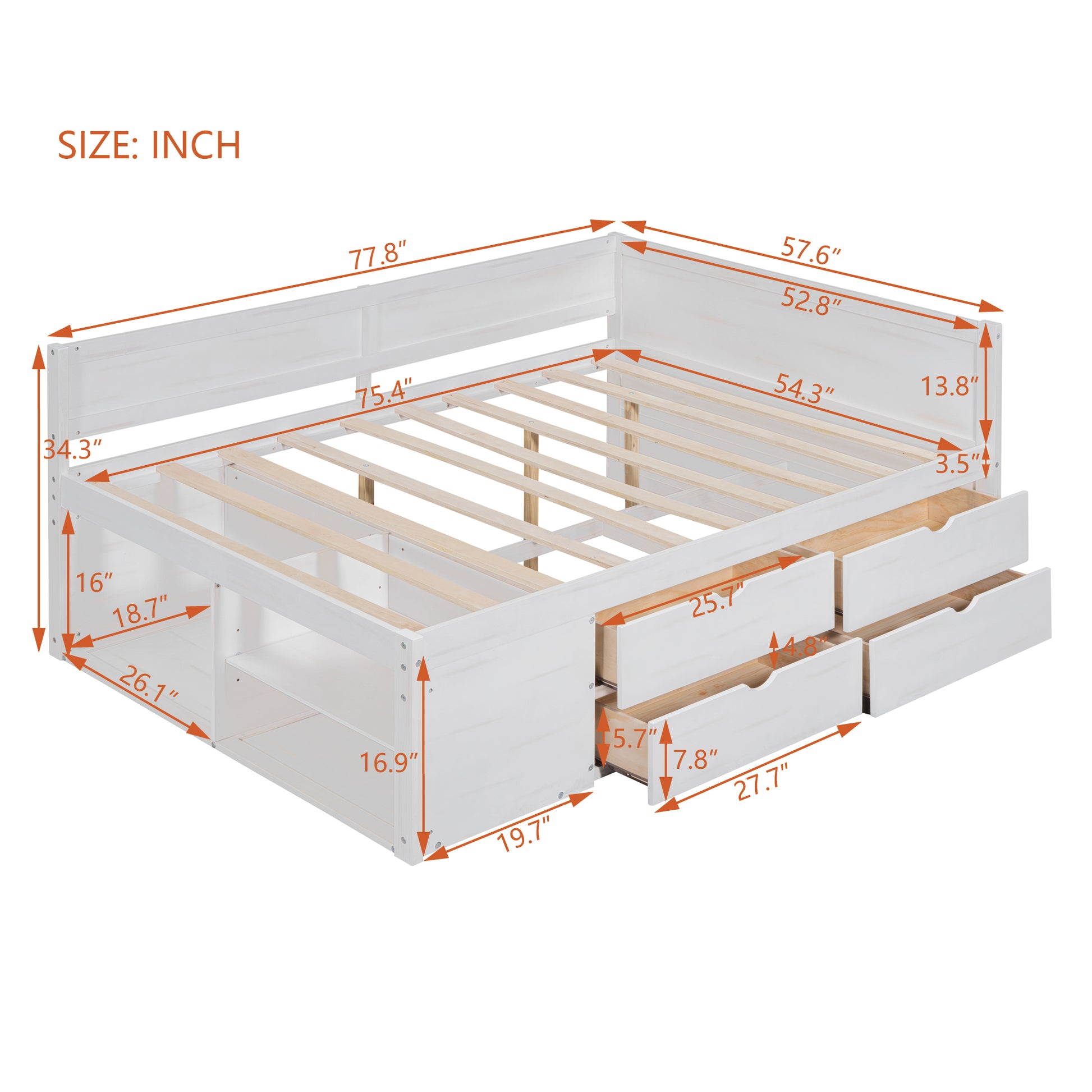 Full Size Daybed With Drawers And Shelves, White Full White Solid Wood