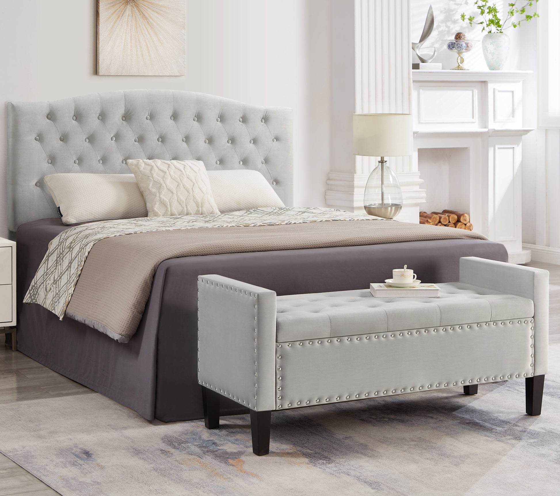 Upholstered Tufted Button Storage Bench With Nails Trim,Entryway Living Room Soft Padded Seat With Armrest,Bed Bench Gray Armrest Gray Espresso Primary Living Space Velvet Solid American Design