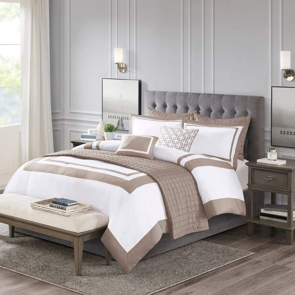 8 Piece Comforter And Quilt Set Collection Taupe Polyester