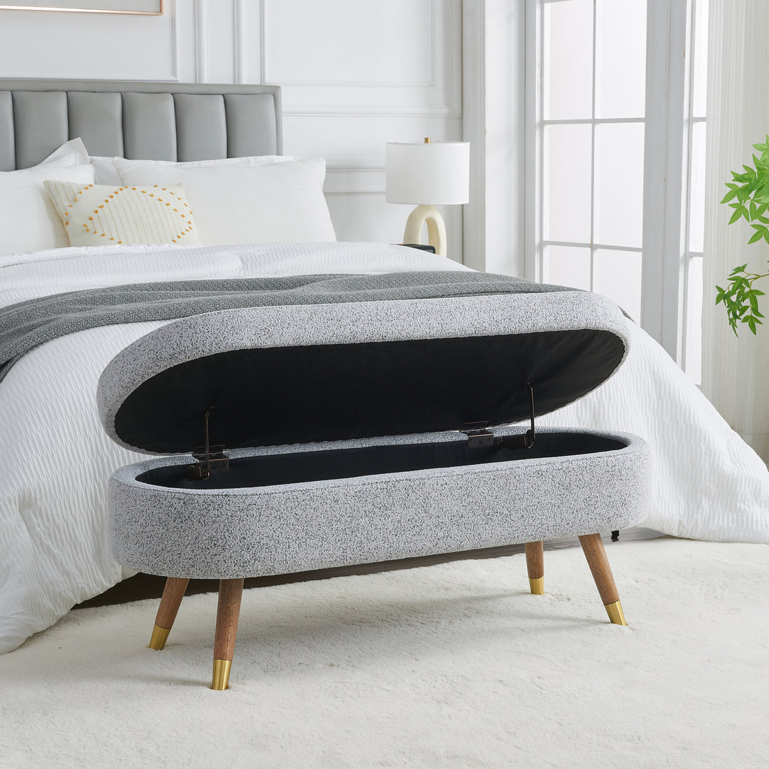 Storage Bench Upholstered Boucle Ottoman With Golden Metal Legs End Of Bed Bench For Bedroom, Living Room, Entryway,Bed Side Grey Grey Wood Fabric