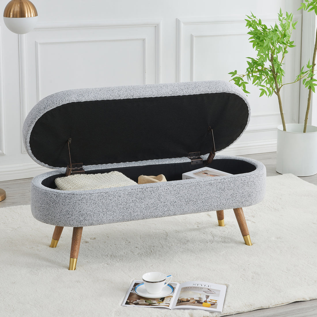 Storage Bench Upholstered Boucle Ottoman With Golden Metal Legs End Of Bed Bench For Bedroom, Living Room, Entryway,Bed Side Grey Grey Wood Fabric