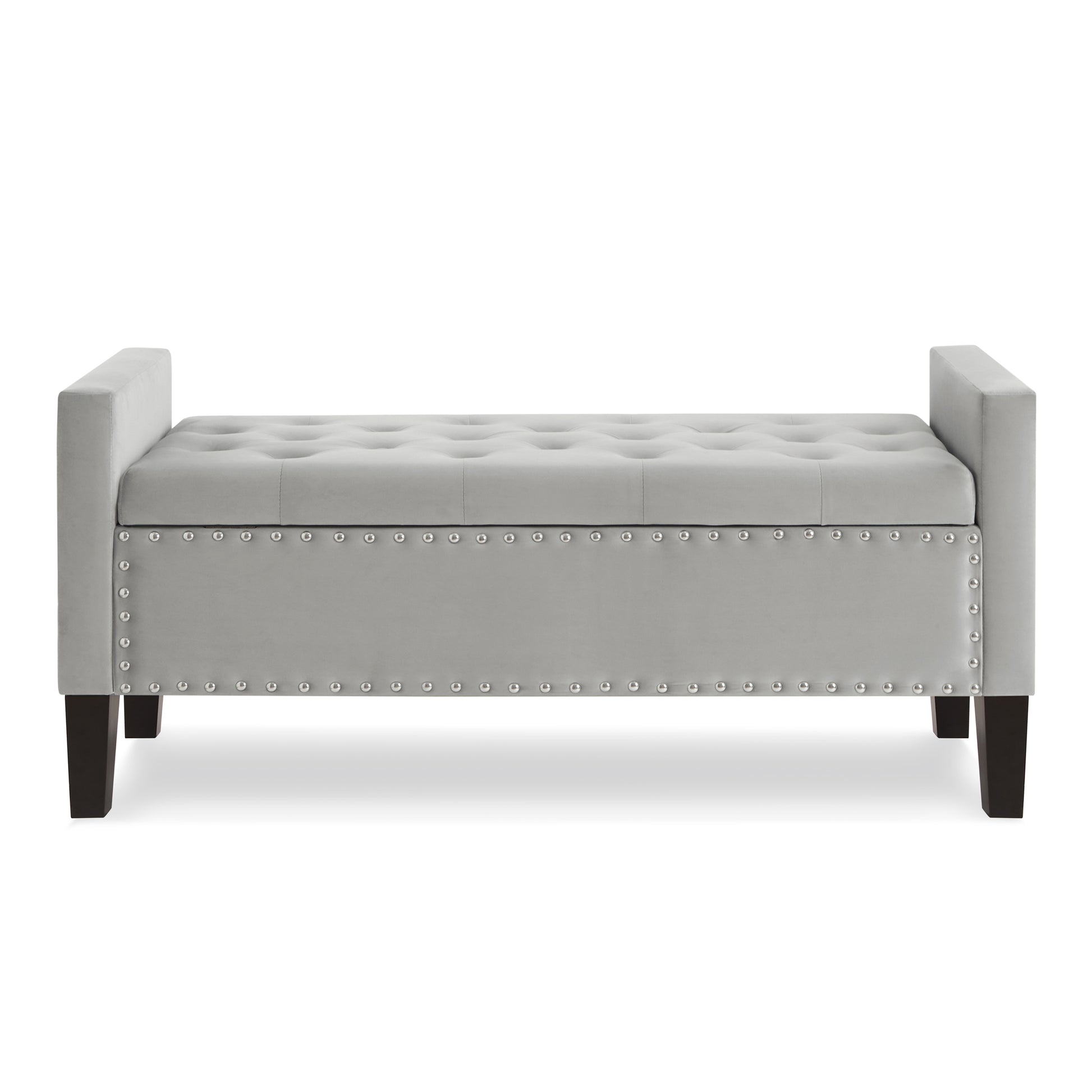 Upholstered Tufted Button Storage Bench With Nails Trim,Entryway Living Room Soft Padded Seat With Armrest,Bed Bench Gray Armrest Gray Espresso Primary Living Space Velvet Solid American Design