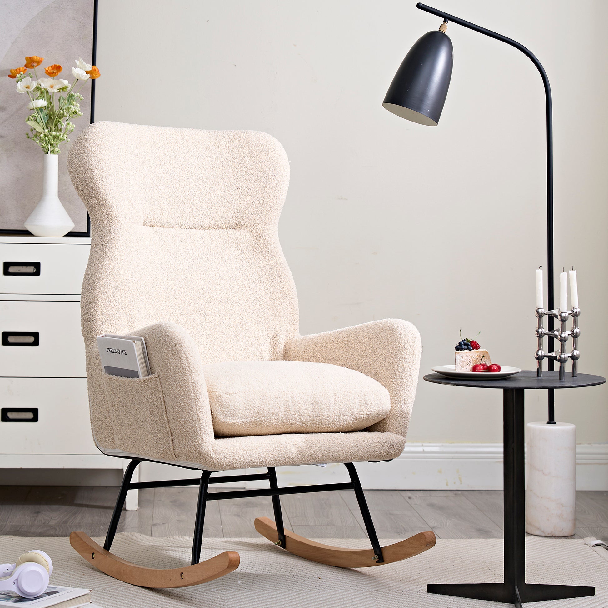 Modern Rocking Chair With High Backrest,Teddy Material Comfort Arm Rocker, Lounge Armchair For Living Room Beige Cotton Metal