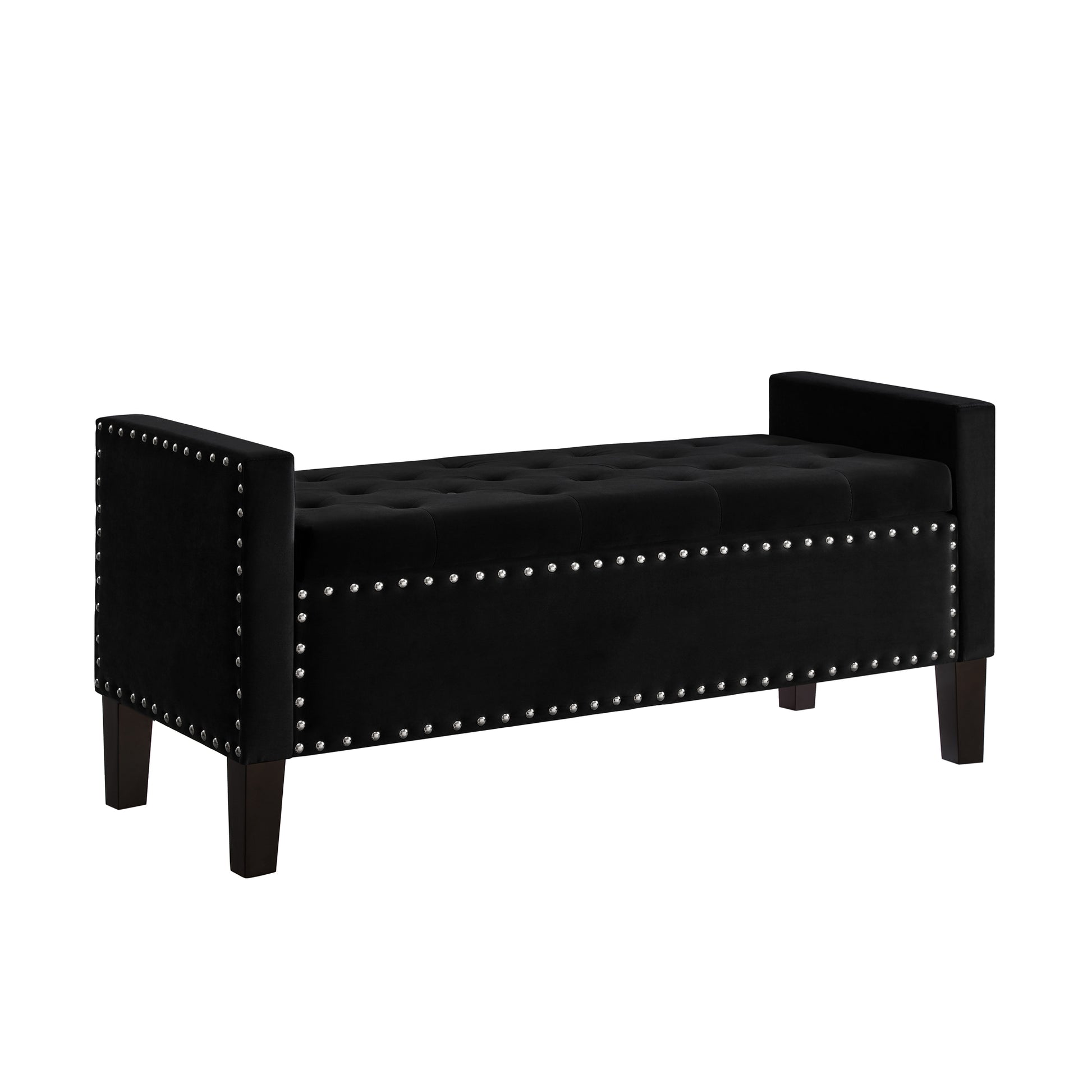 Upholstered Tufted Button Storage Bench With Nails Trim,Entryway Living Room Soft Padded Seat With Armrest,Bed Bench Black Nailheads Black Espresso Velvet Primary Living Space Black American Design Rubberwood Wood Internal Storage Foam Velvet