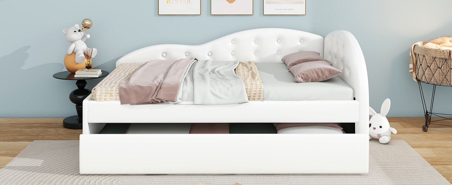 Twin Size Pu Upholstered Tufted Daybed With Trundle And Cloud Shaped Guardrail, White Box Spring Not Required Twin White Wood Faux Leather Upholstered